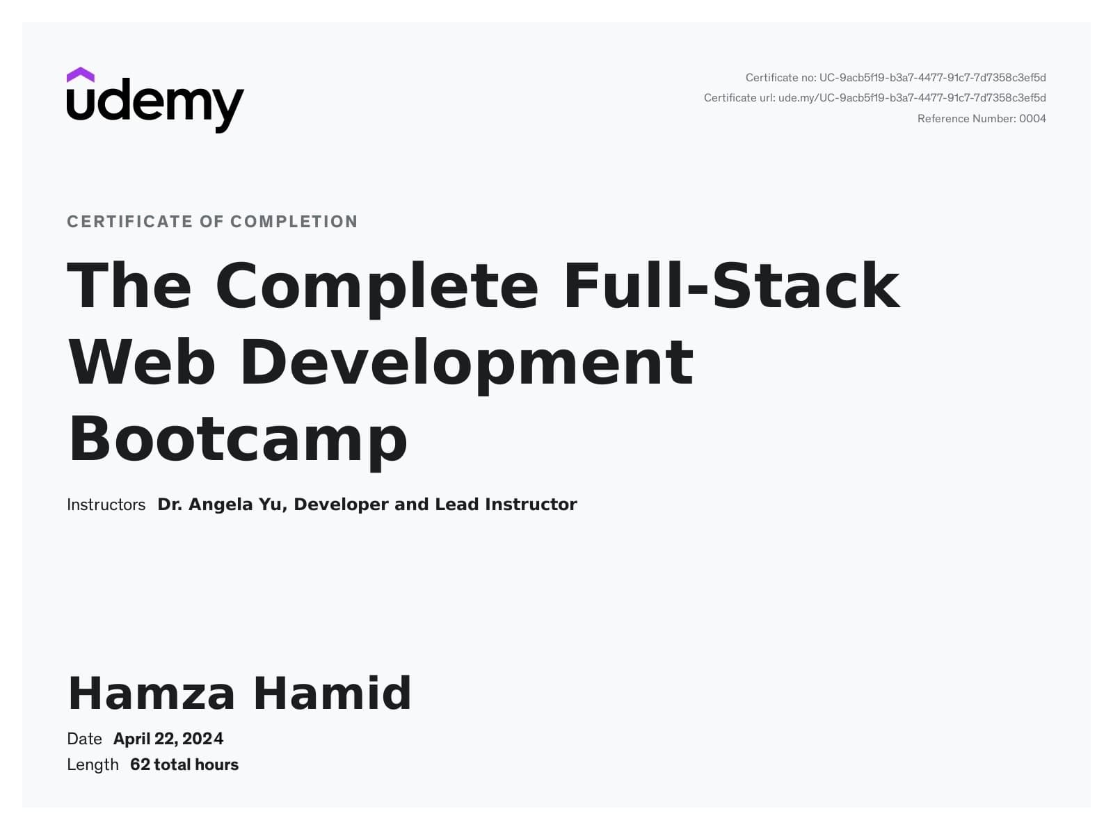 Full Stack Web Development Bootcamp certificate